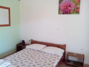 um quarto com uma cama com uma fotografia de flores na parede em Drakano Rooms em Fanari