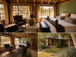 two pictures of a bedroom with a bed and a living room at Roaring Sky Base Camp in Cullinan