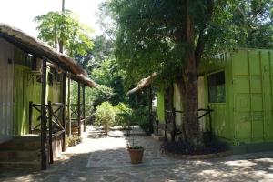 a green building with a tree in a courtyard at Hotel Restaurant Paraiso TINY in Villarrica