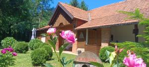 a small house with pink flowers in front of it at Apartmani Katruža in Sveti Martin na Muri