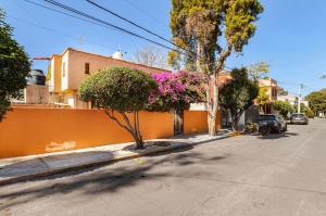 a street with a yellow wall and trees and flowers at Onenki in Hacienda Ojo de Agua