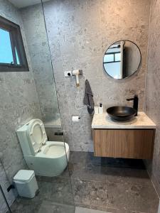a bathroom with a toilet and a sink and a mirror at Sydney Studio with Private Bathroom & Kitchen in Revesby +13 photos