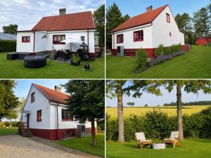 three different views of a white house with a yard at Solberga red cottage in Solberga