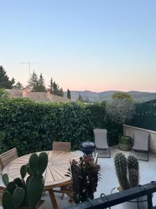 a patio with a wooden table and chairs and cactus at Au cocon du verdon, T2 in Gréoux-les-Bains