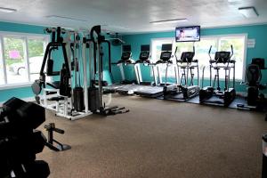 a gym with a bunch of tread machines in a room at Rustic Tree Top Cabin in Sky Valley, Georgia in Sky Valley