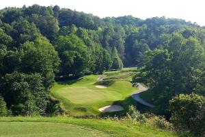 an overhead view of a golf course with two put greens at Rustic Tree Top Cabin in Sky Valley, Georgia in Sky Valley