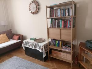 a living room with a book shelf filled with books at E-Brechta in Warsaw
