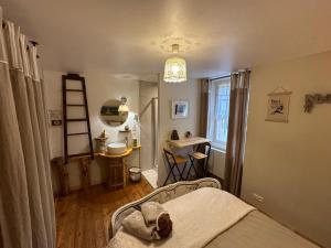 a bedroom with a bed and a ladder and a window at Les Iris Chambres d’hôte in Niedermorschwihr