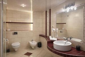 a bathroom with a sink and a toilet and a mirror at Trojak Mysłowice in Mysłowice +25 photos