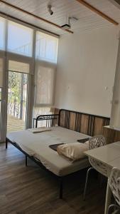 a bed in a room with a large window at VRHouse Vorbis River House in Ada Skeljanska