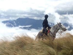 una persona montando un caballo en las montañas en Hacienda La Alegria, en Hacienda La Alegría