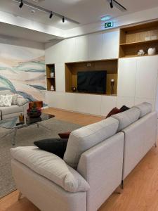 a living room with a couch and a tv at Pedra de Sal Hostel & Suites in Rio Maior
