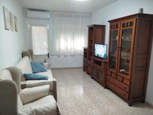 a living room with a couch and a entertainment center at Piso Calatrava in Chipiona