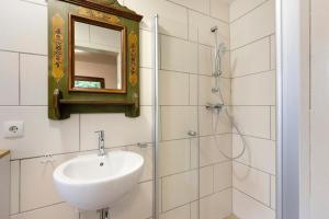 a bathroom with a sink and a mirror and a shower at Urlaubsoase am Bruchsee in Templin +25 photos