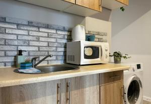 a kitchen counter with a microwave and a sink at Seaside Room in Gdynia +16 photos