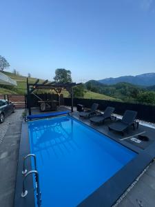 a large swimming pool with blue water in a yard at The Alpine Poolhouse in Trnovo