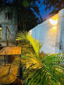 a wooden table and a palm tree next to a wall at LA PRINCE HOTEL and HOSTEL in Trincomalee