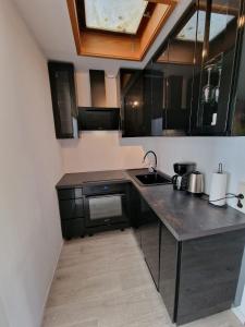 a small kitchen with black cabinets and a sink at Ferienwohnung Büffel in Niedenstein