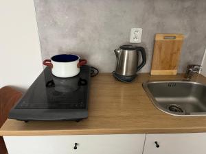 a kitchen counter with a coffee maker and a sink at Simply rooms in Slavkov u Brna +72 photos