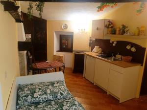 a small kitchen with a sink and a table at Lo Chalet del Borgo in Rivisondoli