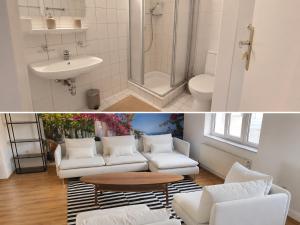 a bathroom with a couch and a sink and a toilet at Cool Apart Chemnitz in Chemnitz