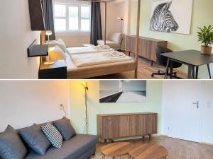 a living room with a couch and a room with a bed at Cool Apart Chemnitz in Chemnitz