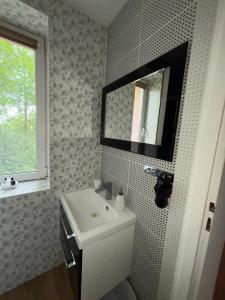 a bathroom with a white sink and a mirror at Wypoczynek pod leszczynami in Sitno +31 photos