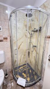 eine Dusche mit Glastür im Badezimmer in der Unterkunft Casa Mindru in Topliţa + 85 Fotos