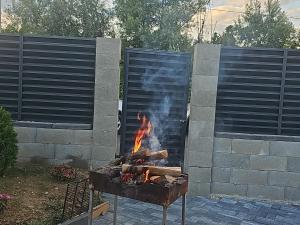 a fire pit in front of a brick wall at Cabana Relax in Râmnicu Vâlcea