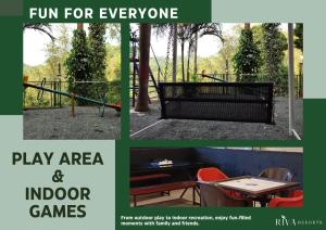 a collage of photos of a play area and outdoor games at Riva Resorts in Vythiri