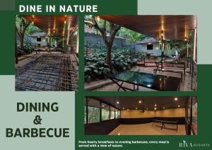 a collage of photos of a restaurant with a table and benches at Riva Resorts in Vythiri