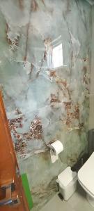 a bathroom with a marble wall with a toilet at Georgia's house in Maronia