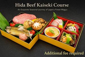 two bento boxes filled with different types of food at Kazeya in Takayama