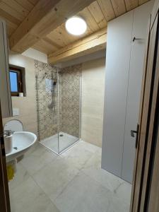 a bathroom with a shower and a sink at Pallov Dvor in Lutiše