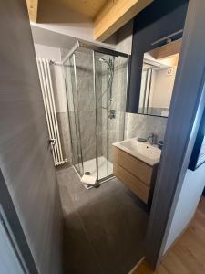 a bathroom with a shower and a sink at Adamello skyline in Temù +21 photos