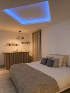 a bedroom with a large bed with a blue ceiling at Coin détente in Vierzon