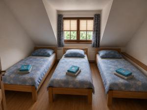 two twin beds in a attic bedroom with a window at Apartmán Alva 3 in Mikulov