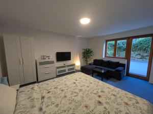 a bedroom with a bed and a tv and a couch at Ferienwohnung Tammer Allee in Tamm