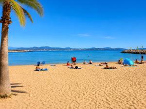 people laying on a beach with a palm tree at Duplex Appartement 300m de la mer in Fréjus