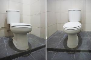 two pictures of a toilet in a bathroom at Hotel O Icha Homestay in Makassar