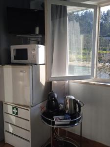 a small kitchen with a refrigerator and a microwave at Casinhas do Ribeiro in Póvoa de Lanhoso