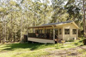 a yellow tiny house in the middle of a forest at Oakey Creek Retreat in Gheerulla