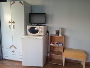 a small kitchen with a microwave on top of a refrigerator at Casinhas do Ribeiro in Póvoa de Lanhoso +17 photos
