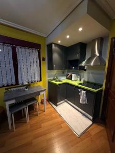 a kitchen with black cabinets and a green counter top at Hostal Inés in Boñar