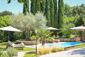 a backyard with a pool with umbrellas and chairs at Le Chateau B&B in Žikovići