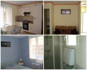 three pictures of a kitchen and a bathroom at Meublé centre-ville proche mer in Saint-Pol-de-Léon
