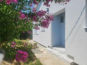 a garden with pink flowers next to a white building at Chambre quartier calme in Pujols Lot et Garonne