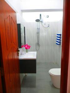 a bathroom with a sink and a toilet and a mirror at Villa Nadika in Beruwala +28 photos