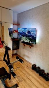 a living room with a tv and some exercise equipment at Studio cosy avec jacuzzi , sauna et salle de sport in Vallauris