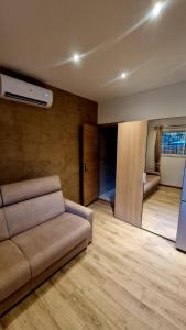 a living room with a couch and a large mirror at Studio cosy avec jacuzzi , sauna et salle de sport in Vallauris